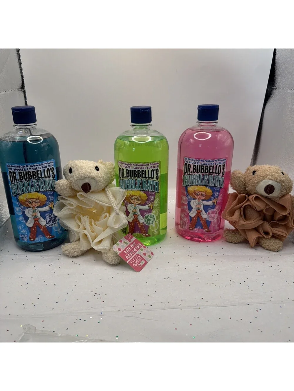Dr Bubbello’s Bubble Bath 3 Pack 33.8oz Blue Raspberry Gum Apple + Spa Puffs